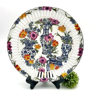 Reticulated Wall Plate JUWC United Wilson 1897 Vibrant Florals Blue White Vases